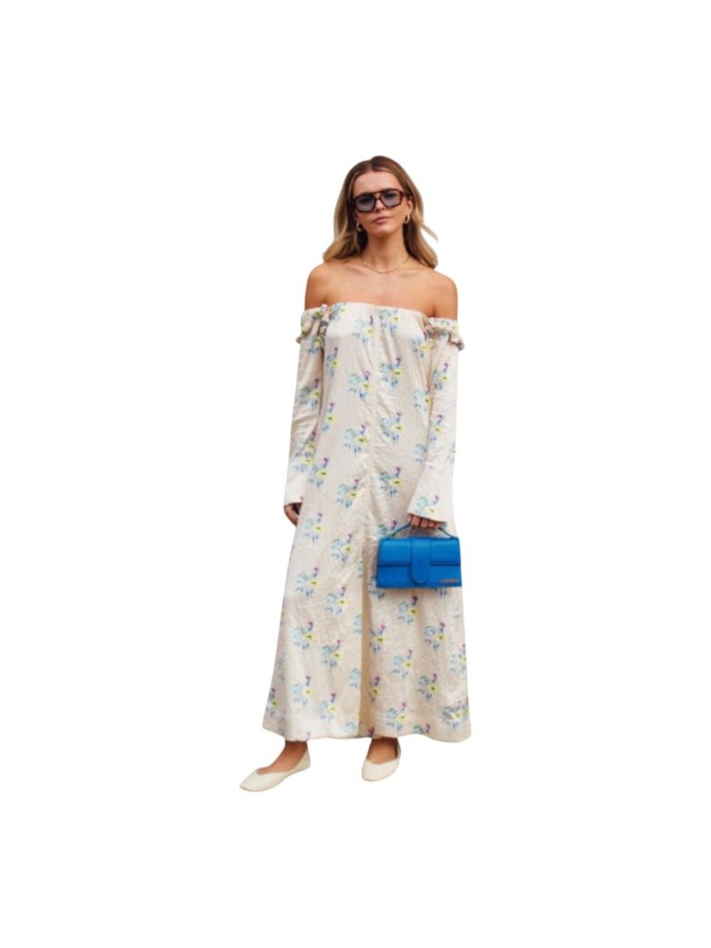 Ganni Floral Crinkled Satin Off-Shoulder Slit Maxi Dress Bell Sleeves Size 36